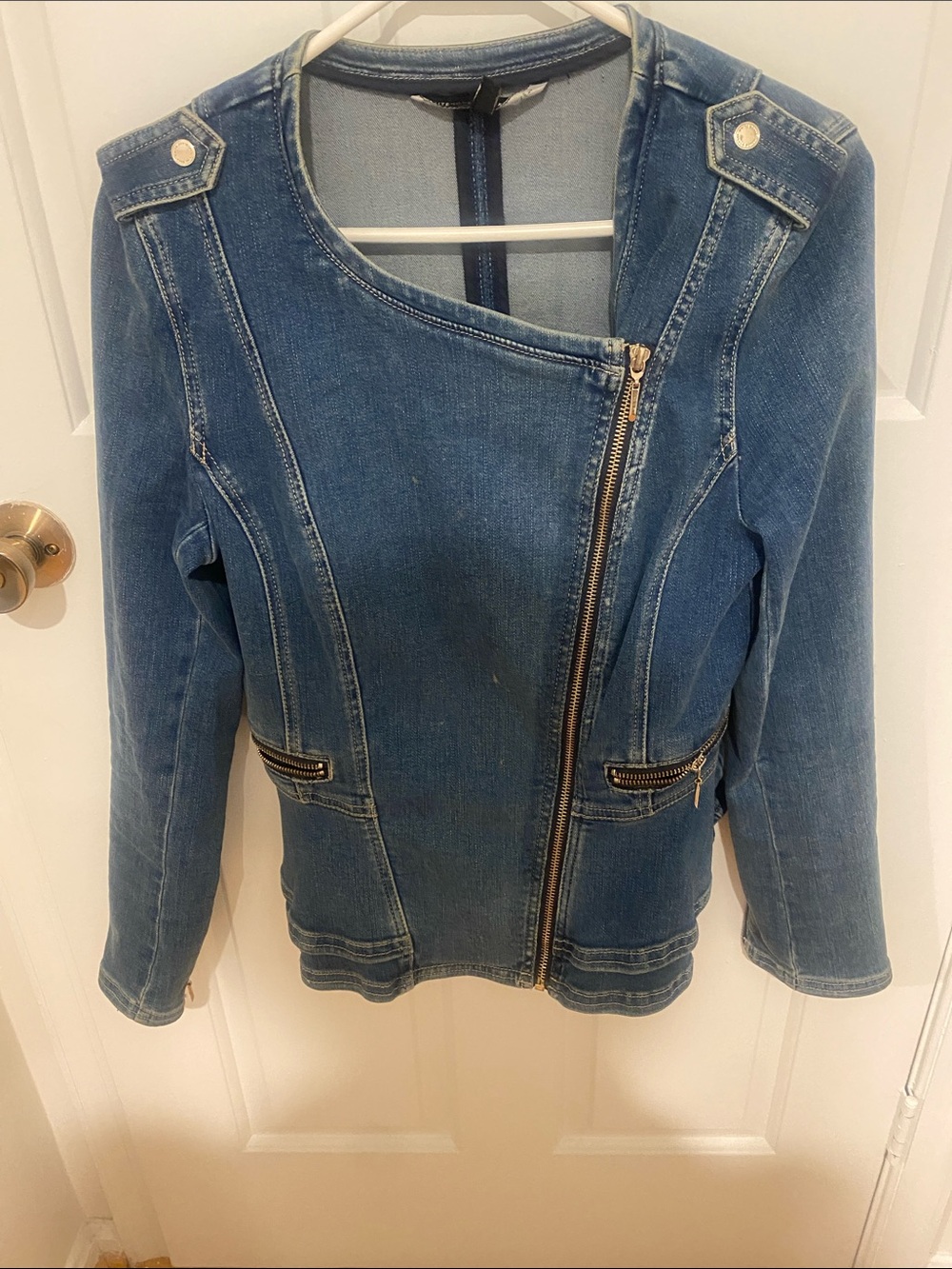 Denim Asymmetrical Peplum Zip Jacket - Blue